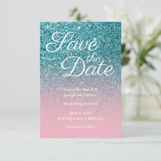 Aquamariner und rosa Ombre Glitzer Save the Date Einladung (Stehend Vorderseite)