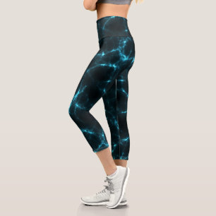 Aquamariner und schwarzer Marmorwirbel Abstrakt Capri Leggings