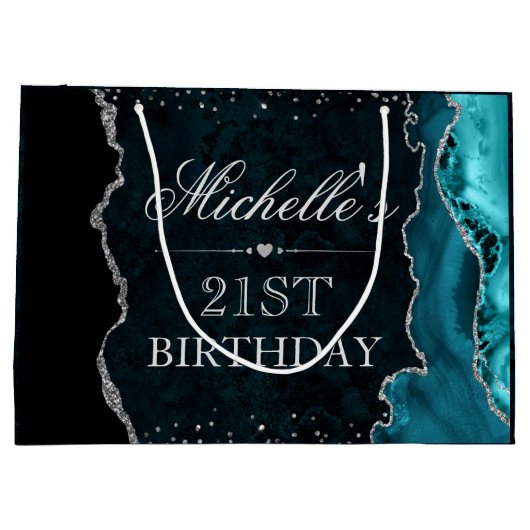 Aquamariner und silberer Glitzer Agate Geburtstag Große Geschenktüte (Rückseite)