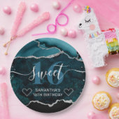 Aquamariner und silberer Glitzer Agate Marble Swee Pappteller (Party)