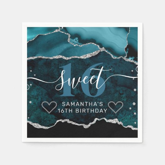 Aquamariner und silberer Glitzer Agate Marble Swee Serviette (Vorderseite)