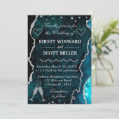 Aquamariner und silberer Glitzer Agate Marble Wedd Einladung (Stehend Vorderseite)