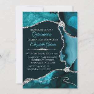 Aquamariner und Silberer Glitzer Agate Quinceanera Einladung