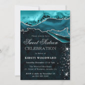 Aquamariner und silberer Glitzer Agate Sweet 16 Einladung (Vorderseite)