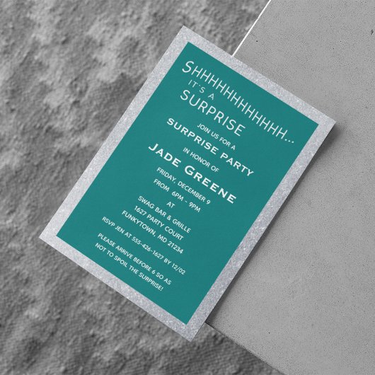 Aquamariner und silberer Glitzer Überraschung Part Einladung