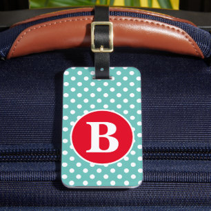 Aquamariner und weißer Polka-Dot mit roter Monogra Gepäckanhänger