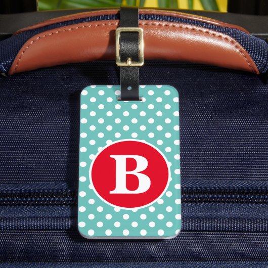 Aquamariner und weißer Polka-Dot mit roter Monogra Gepäckanhänger (Vorderseite Insitu 2)