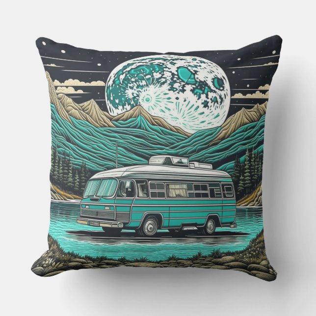 Aquamariner Vintager RV Camper im Berg Retro Kissen (Vorderseite)