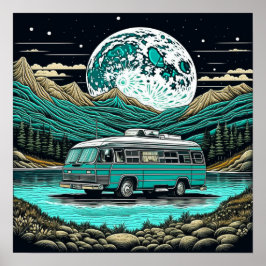 Aquamariner Vintager RV Camper im Berg Retro Poster