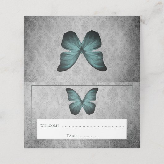 Aquamariner Vintager Schmetterling Damask Empfang Platzkarte (Außenseite Aufgefaltet)