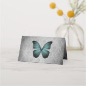 Aquamariner Vintager Schmetterling Damask Empfang Platzkarte (Rückseite)