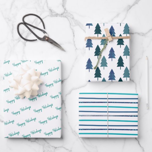 Aquamariner Weihnachtsbaum Glitzer Streifen Geschenkpapier Set (Vorderseite)