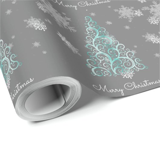 Aquamariner Weihnachtsbaum und Schneeflocken Geschenkpapier (Rolleneckpunkt)