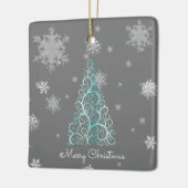 Aquamariner Weihnachtsbaum und Schneeflocken Keramikornament (Links)