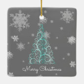 Aquamariner Weihnachtsbaum und Schneeflocken Keramikornament (Rückseite)