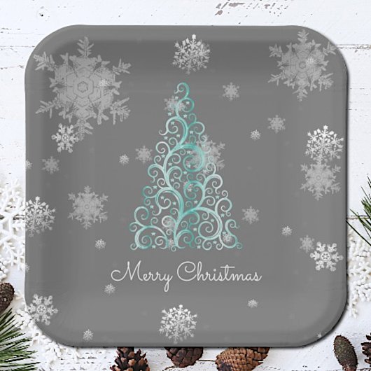 Aquamariner Weihnachtsbaum und Schneeflocken Pappteller