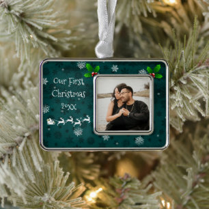 Aquamariner Weihnachtsmann-Schlitten und Rentierde Rahmen-Ornament Silber