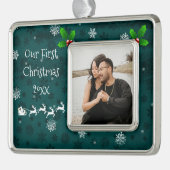 Aquamariner Weihnachtsmann-Schlitten und Rentierde Rahmen-Ornament Silber (Links)