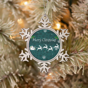 Aquamariner Weihnachtsmann-Schlitten und Rentierde Schneeflocken Zinn-Ornament