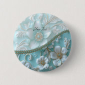 Aquamariner weißer Blumenknopf Button (Vorderseite)