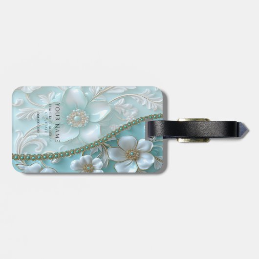 Aquamariner weißer Blumenkoffer Gepäckanhänger (Rückseite horizontal)