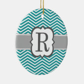 Aquamariner weißer Monogramm-Buchstabe R Zickzack Keramikornament (Rechts)