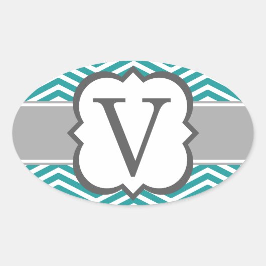 Aquamariner weißer Monogramm Buchstabe V Zickzack Ovaler Aufkleber (Vorderseite)