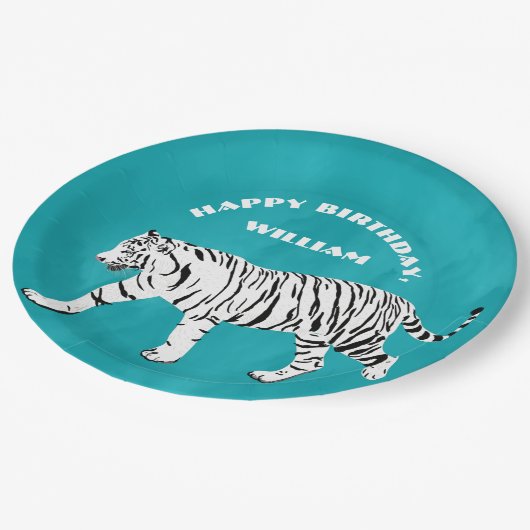 Aquamariner weißer Tiger, türkisblau Personalisier Pappteller (Schrägansicht)