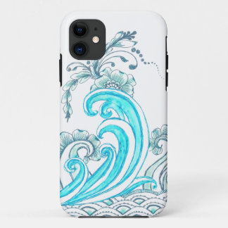 Aquamariner Wellen iPhone Fall mit Blumen iPhone 11 Hülle