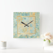 Aquamarines abstraktes Design in Goldrahmen Quadratische Wanduhr (Zuhause)