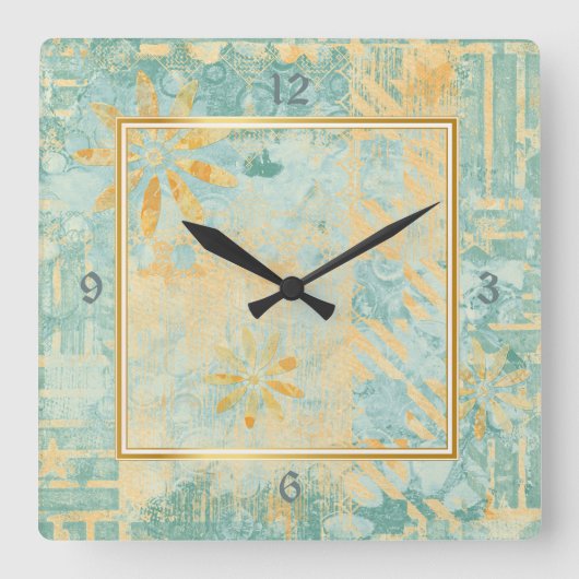 Aquamarines abstraktes Design in Goldrahmen Quadratische Wanduhr (Vorderseite)
