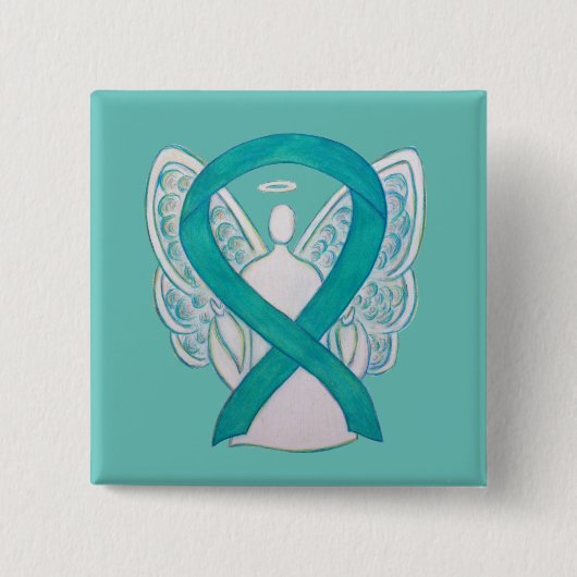 Aquamarines Angel-Bewusstsein Ribbon Art Custom La Button (Vorderseite)