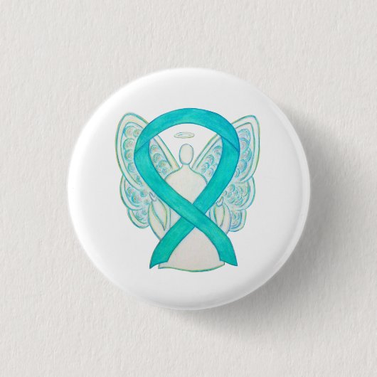 Aquamarines Angel-Bewusstsein Ribbon Art Custom La Button (Vorderseite)