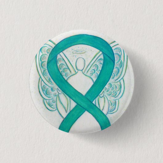 Aquamarines Angel-Bewusstsein Ribbon Art Custom La Button (Vorderseite)