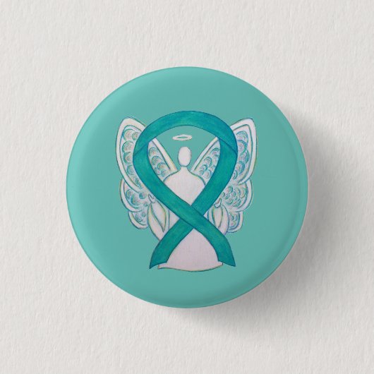 Aquamarines Angel-Bewusstsein Ribbon Art Custom La Button (Vorderseite)