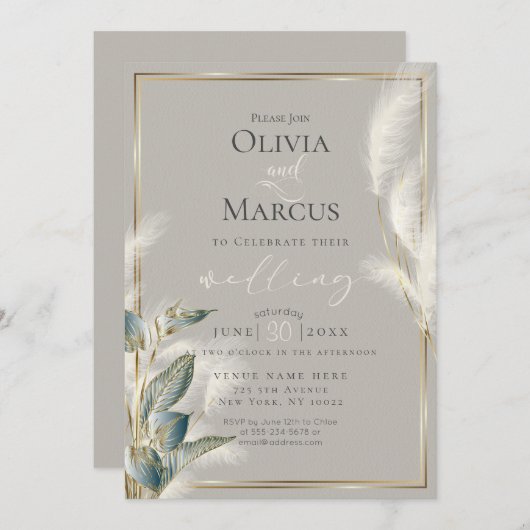 Aquamarines Anthurium und Feathery Pampas Gras Einladung (Vorne/Hinten)