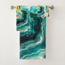 Aquamarines Aqua Agate Golden Custom Modern Monogr Badhandtuch Set