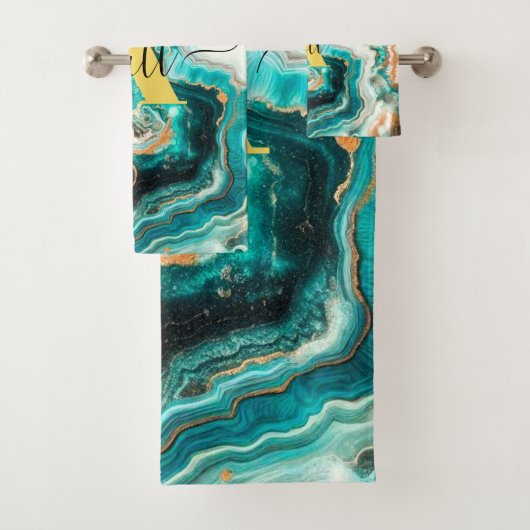 Aquamarines Aqua Agate Golden Custom Modern Monogr Badhandtuch Set (Insitu)