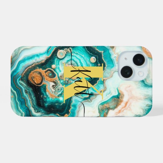 Aquamarines Aqua Agate Golden Custom Modern Monogr iPhone 15 Hülle (Rückseite (Horizontal))