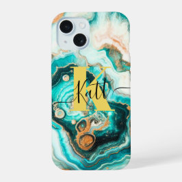 Aquamarines Aqua Agate Golden Custom Modern Monogr iPhone 15 Hülle