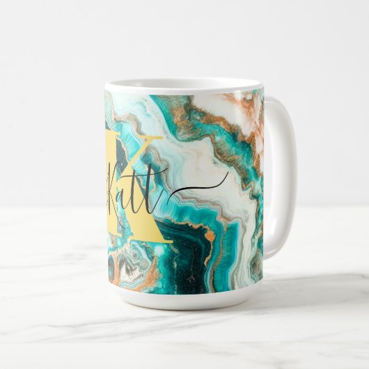 Aquamarines Aqua Agate Golden Custom Modern Monogr Kaffeetasse (VorderseiteRechts)