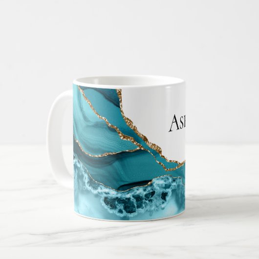 Aquamarines Aqua Blue Agate Gold Glitzy Glitzer Kaffeetasse (Vorderseite Links)