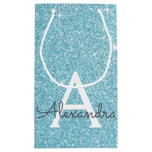 Aquamarines Aqua Blue Glitzer & Sparkle Monogram Kleine Geschenktüte (Rückseite)