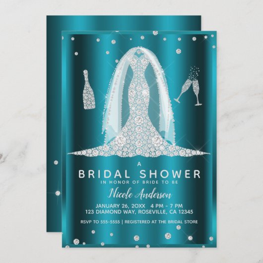 Aquamarines Aqua Glam Diamond Wedding Dress Brautp Einladung (Vorne/Hinten)