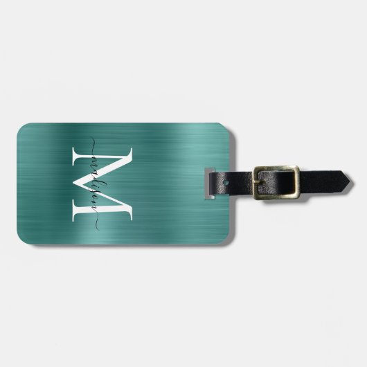 Aquamarines Aqua Green Brushed Metal Foil Script M Gepäckanhänger (Vorderseite horizontal)