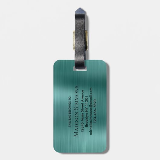 Aquamarines Aqua Green Brushed Metal Script Monogr Gepäckanhänger (Rückseite vertikal)