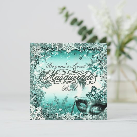 Aquamarines Aqua Green Winter Masquera & Snowflake Einladung (Stehend Vorderseite)