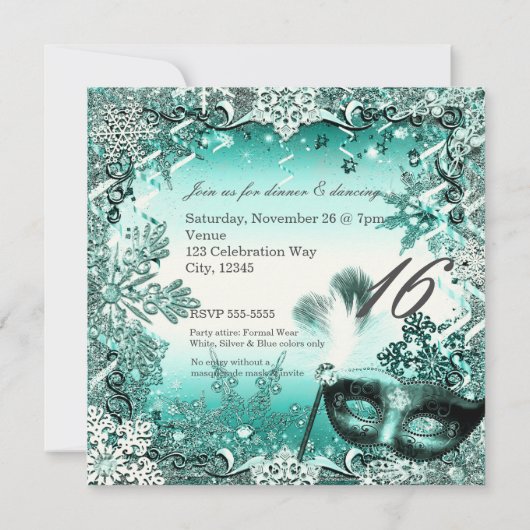 Aquamarines Aqua Green Winter Masquera & Snowflake Einladung (Rückseite)