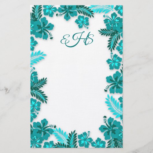 Aquamarines Aqua Hibiskus Border Mit Monogramm Bla Briefpapier (Vorderseite)