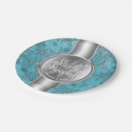 Aquamarines Aqua Snowflakes Winter Wunderland Part Pappteller (Schrägansicht)